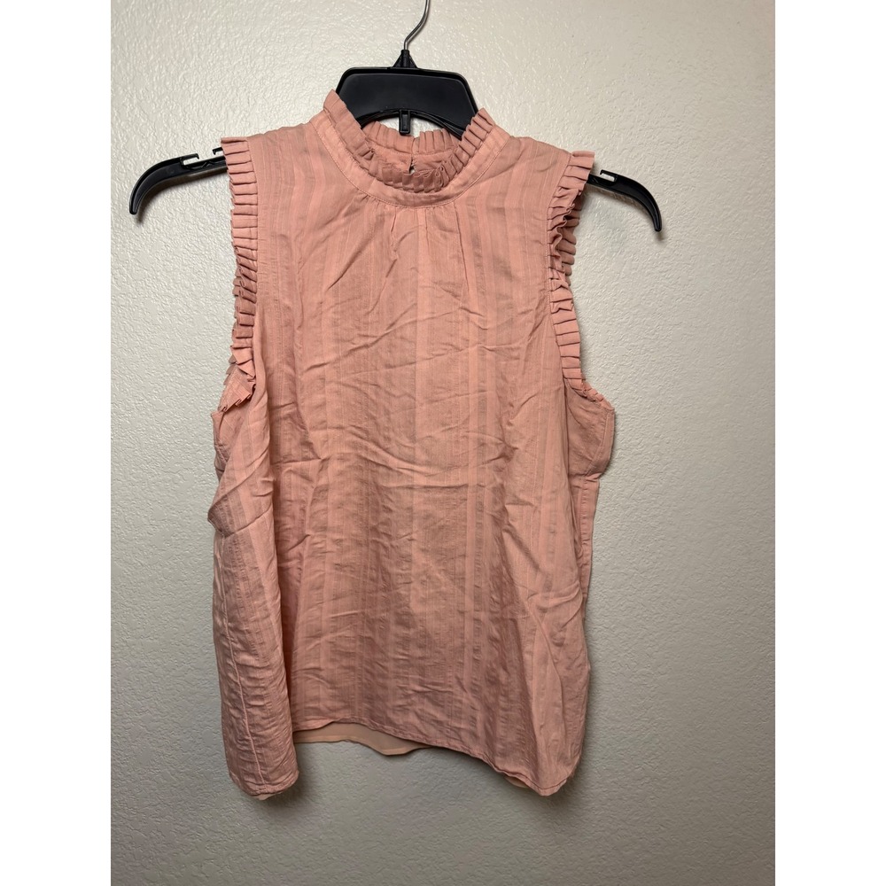 Ann Taylor Pink Ruffle Mock Neck Sleeveless Blouse Medium Striped Shell Top